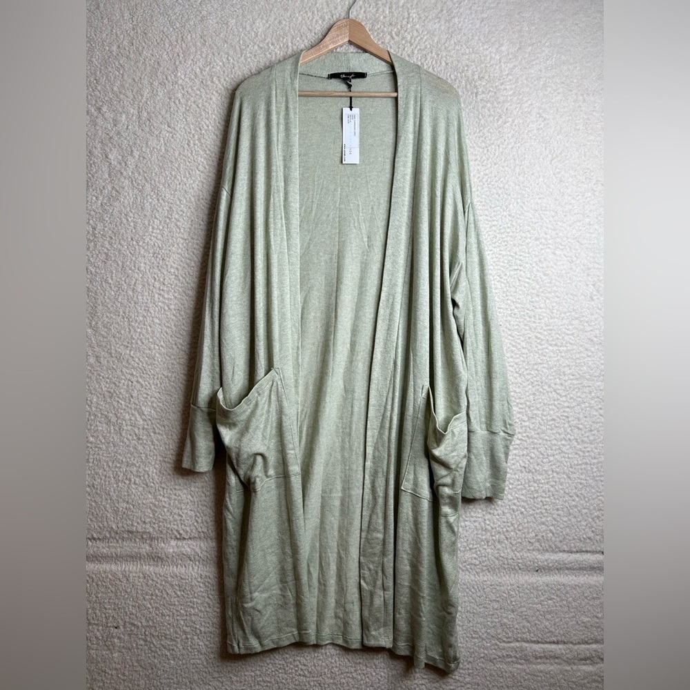 NWT Yana K Womens Green Stretch Long Sleeve Open Front Cardigan Pockets L LARGE